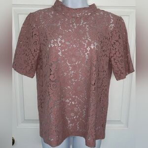 Loft pink lace high neck short sleeve medium petite blouse